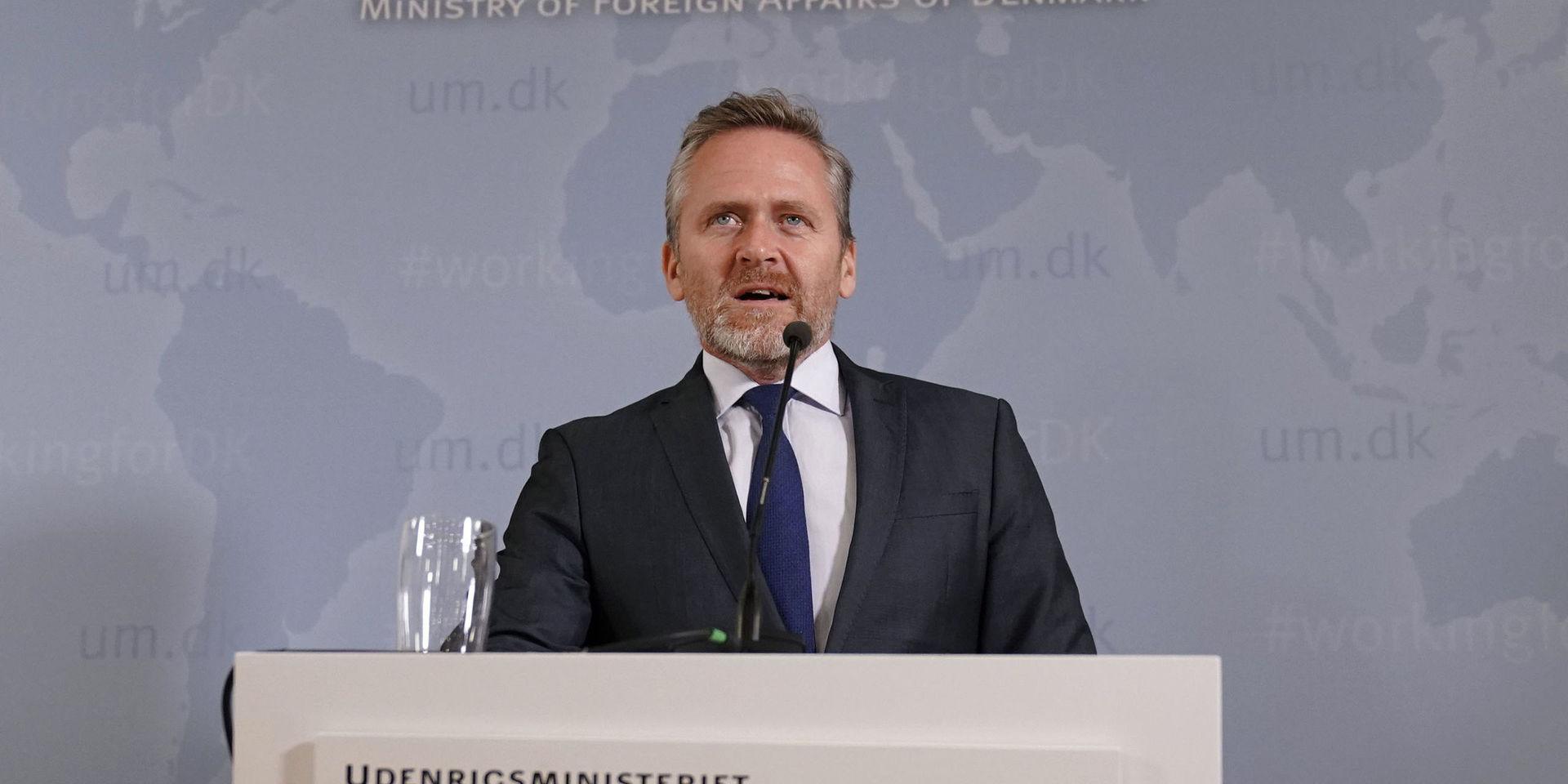 Denmark&apos;s Foreign Minister Anders Samuelsen speaks during a press conference in Eigtveds Pakhus, Copenhagen, Tuesday, Oct. 30, 2018, in connection with a  police operation last month involving a Norwegian citizen of Iranian descent being arrested in an alleged Iranian intelligence plot to kill an opposition activist in Denmark. (Martin Sylvest/Ritzau Scanpix via AP)
