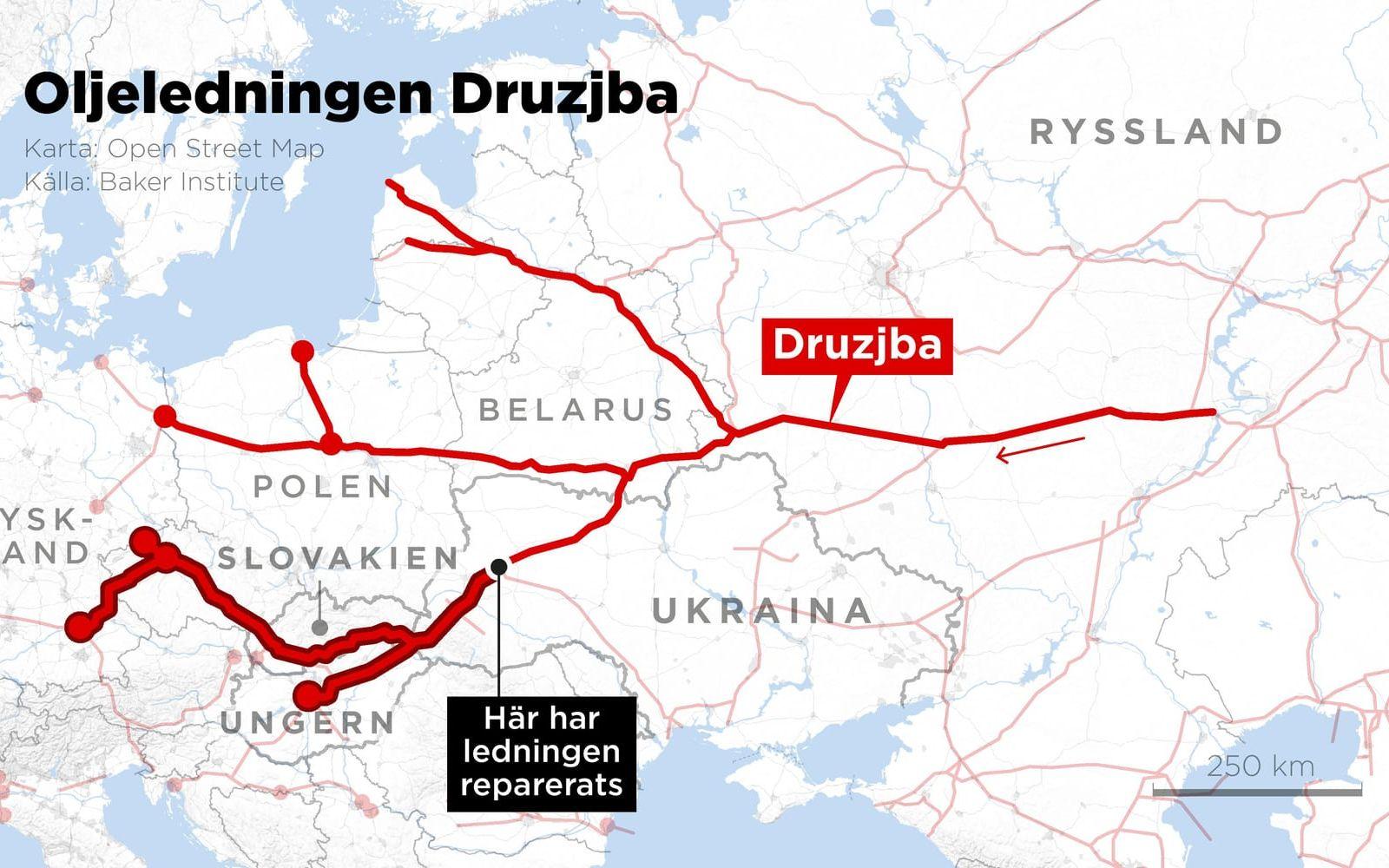 Kartan visar oljeledningen Druzjbas sträckning från oljefälten i Samara till västra Europa.