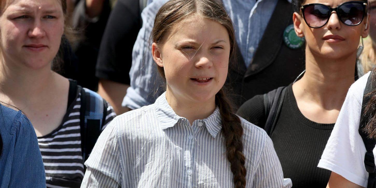 Greta Thunberg under en skolstrejk för klimatet i Wien i maj.
