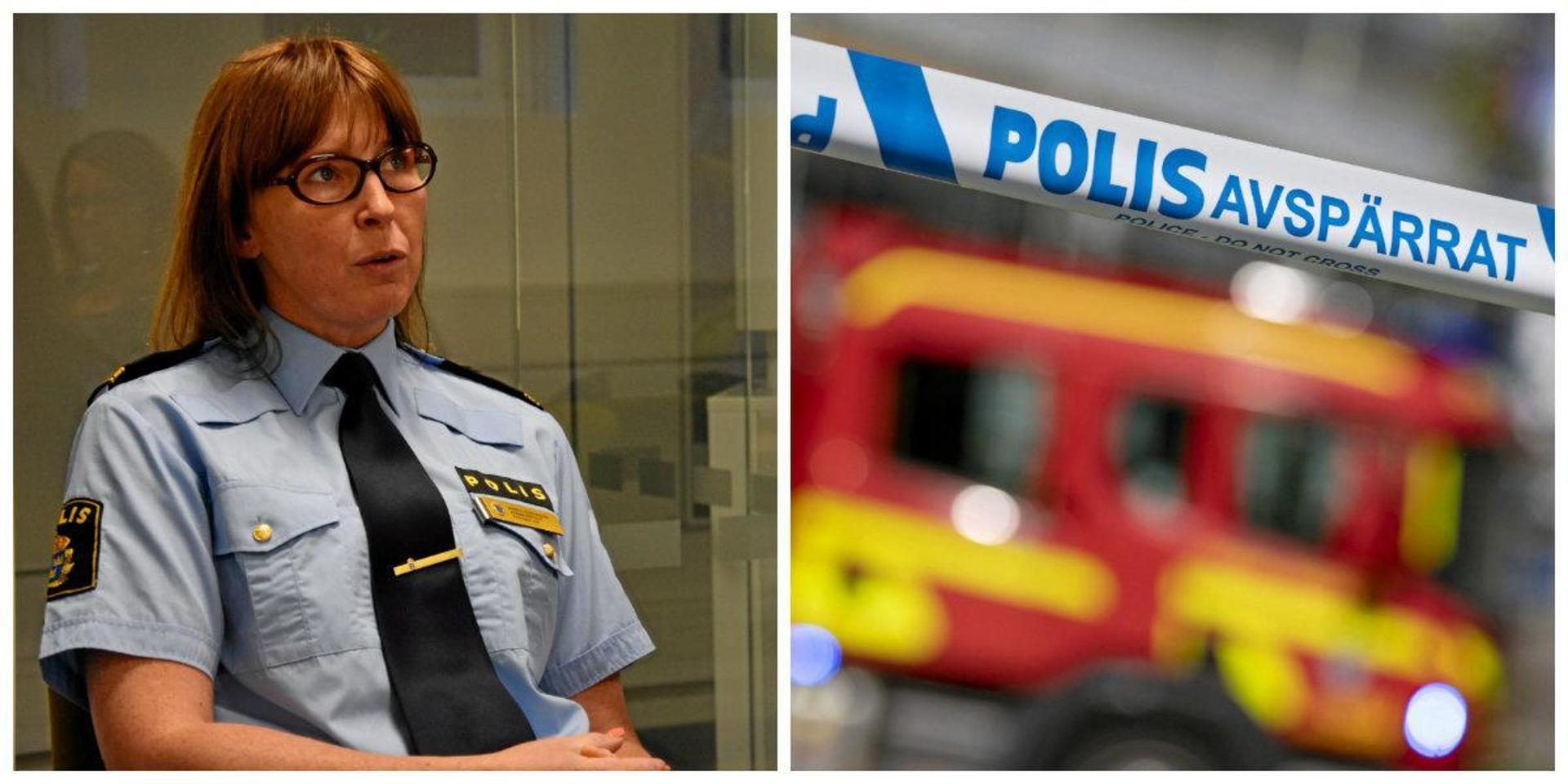 Falkenbergs kommunpolis Anneli Svensson berättar om arbetet på Falkagård till följd av senaste tidens bränder. Bilden är ett collage.