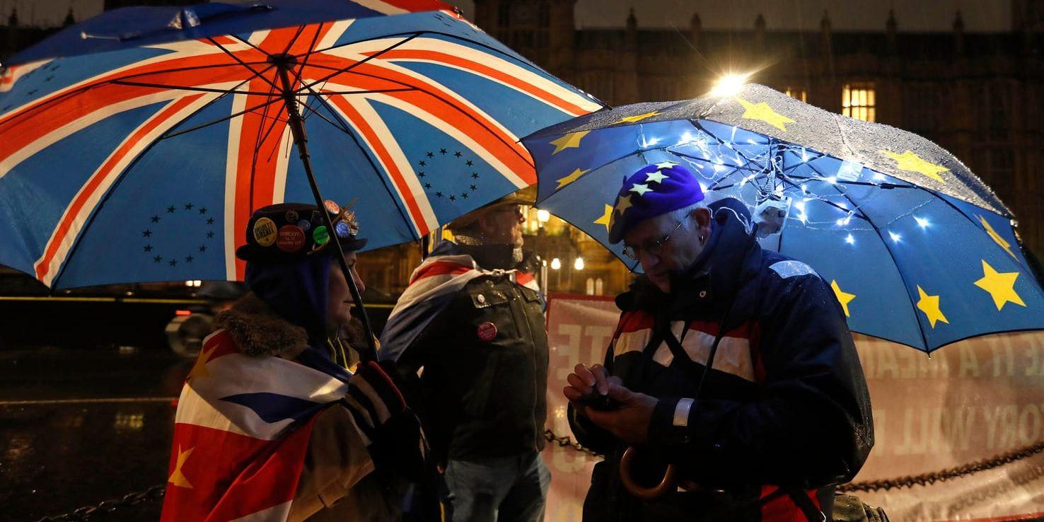 Demonstranter utanför parlamentet i London vid tisdagens omröstningar.
