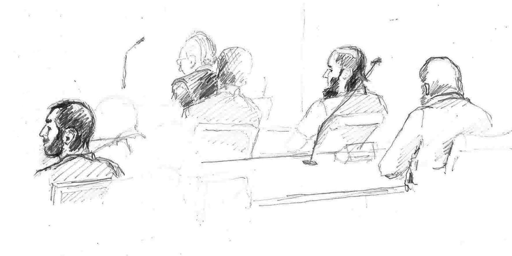 Illustration från tingsrättsförhandlingen mot männen. Arkivbild.