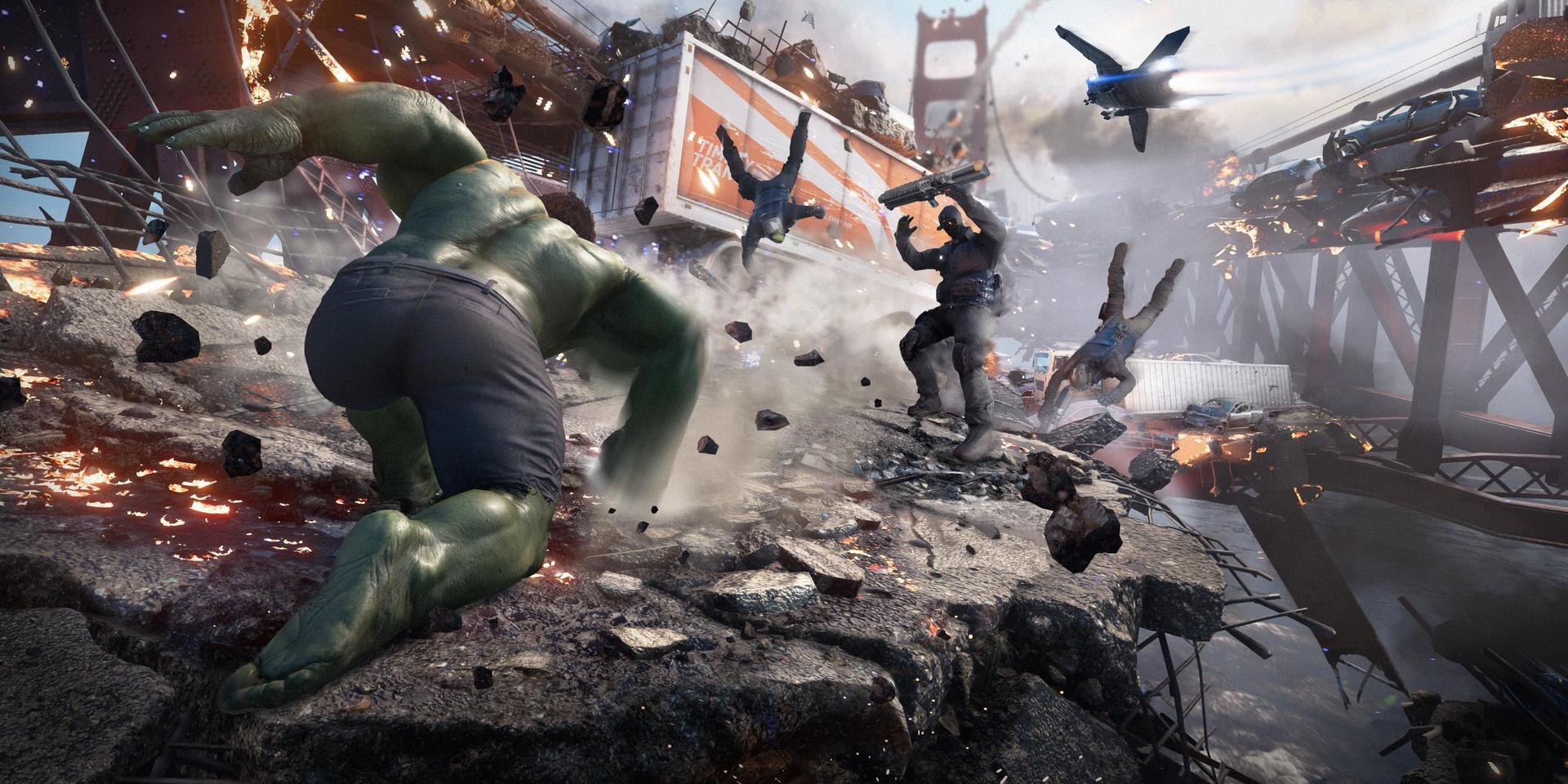 Crystal Dynamics har ansträngt sig för att få de olika hjältarna att kännas olika. Hulken är exempelvis stor och stark, medan Black Widow är smidig. Pressbild. 