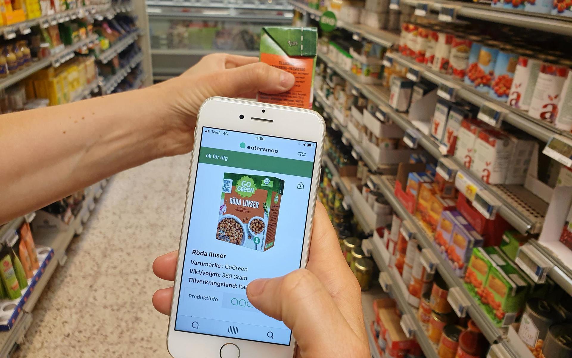 Med hjälp av appen scannar man sin produkt i livsmedelsbutiken för att veta om den är okej eller inte utifrån sina matpreferenser.