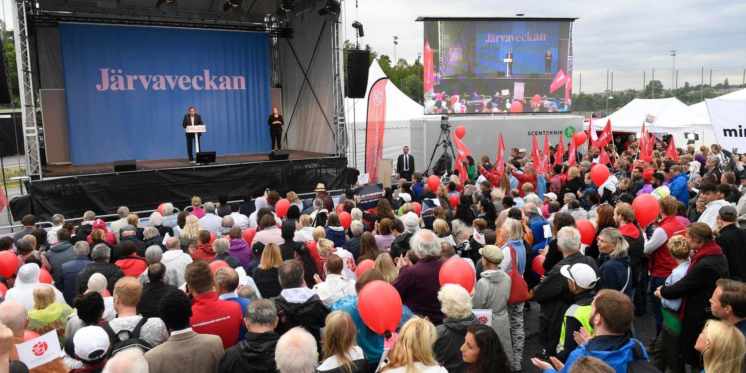 Socialdemokraternas partiledare och statsminister Stefan Löfven talar under den sista dagen av politikerveckan i Järva.