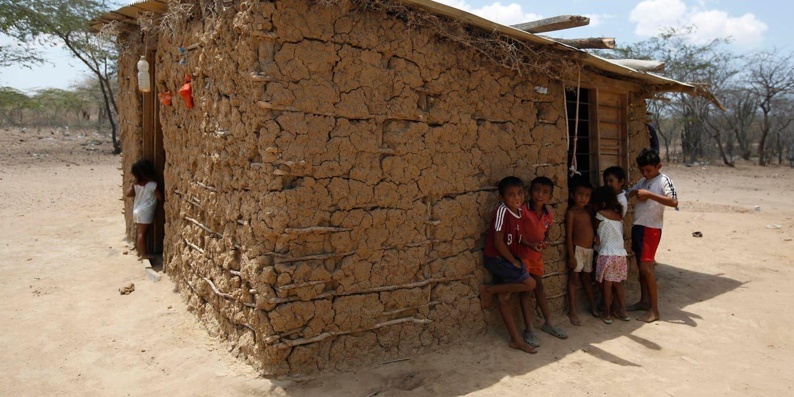 Barn tillhörande befolkningsgruppen wayuu svalkar sig i skuggan vid sitt hem i Manaure på Guajira-halvön i Colombia. Arkivbild.