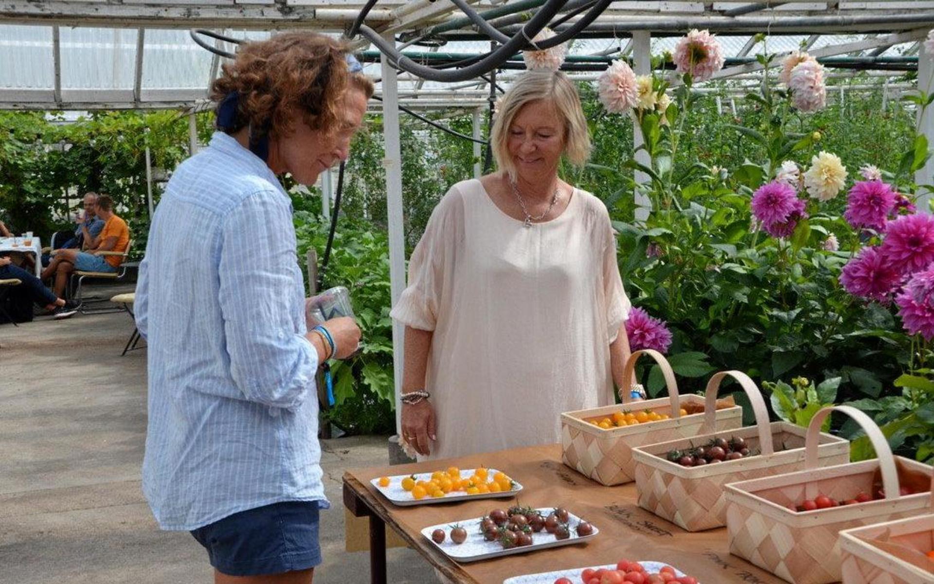 Anna Olofsson och Gunilla Martinsson provar tomater hos Hule trädgård och musteri. 