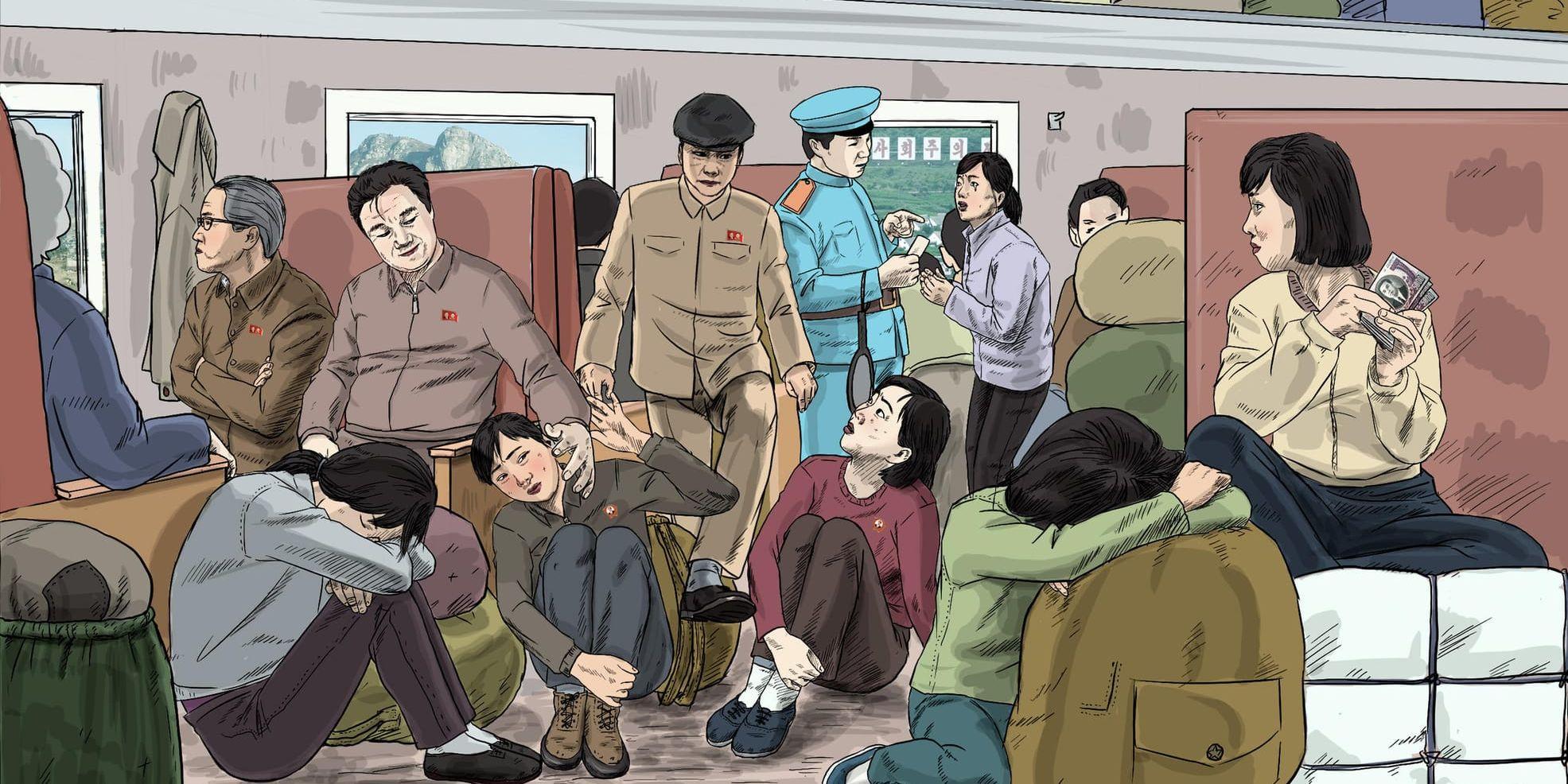 Inte ens på tåg går nordkoreanska kvinnor säkra. Bilden har ritats av nordkoreanen Choi Seong-Guk, som tidigare var tecknare åt staten.