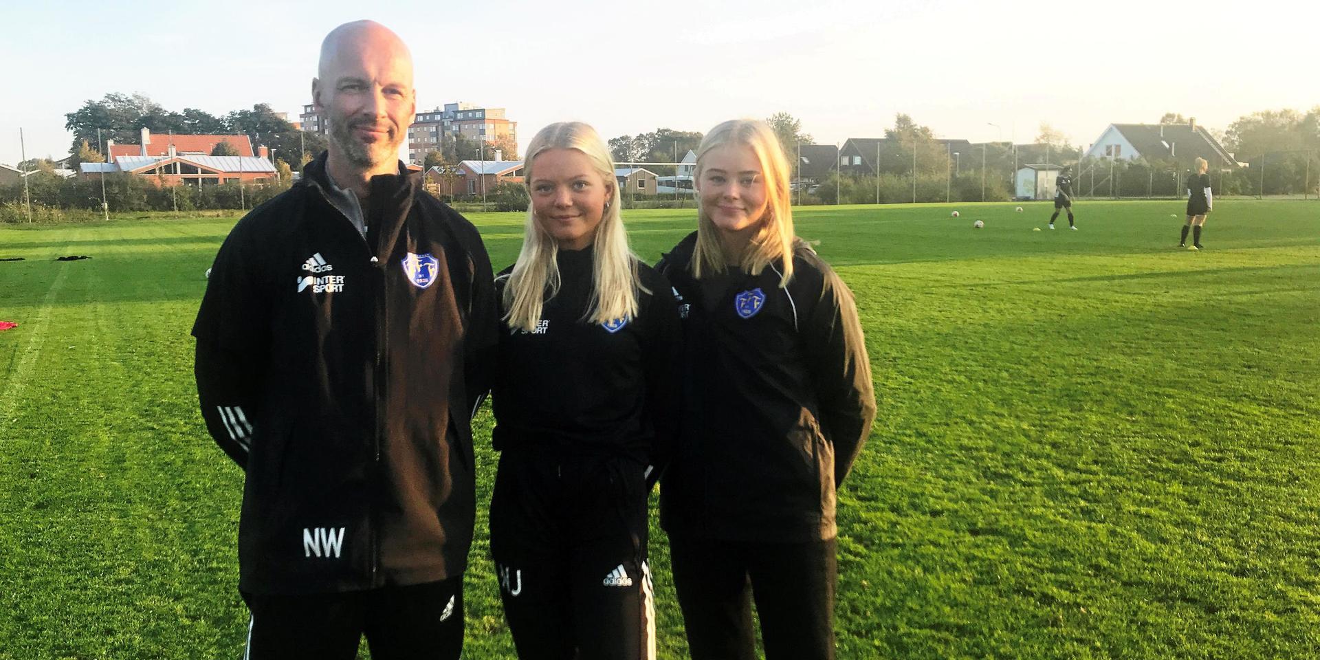 FFF F17. Tränare Niclas Winroth, spelarna Nora Johansson och Agnes Wederbrand. Inför SM-slutspelet 2020.