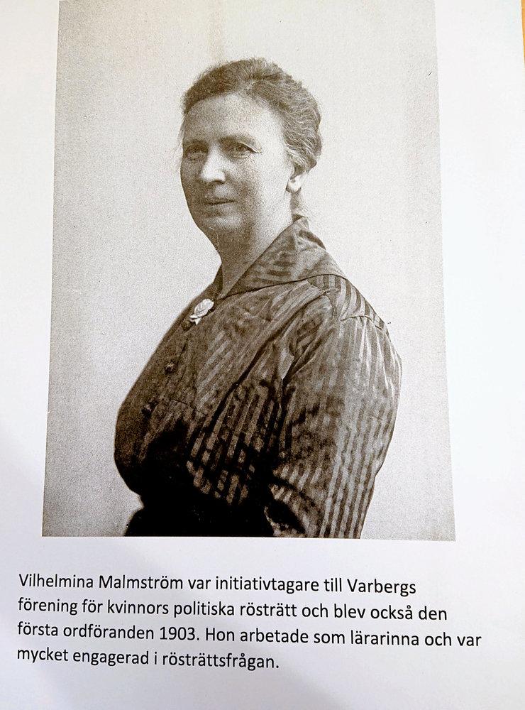 Vilhelmina Malmström var initiativtagare till Varbergs förening för kvinnors politiska rösträtt och blev också den första ordföranden 1903. Hon arbetade som lärarinna.