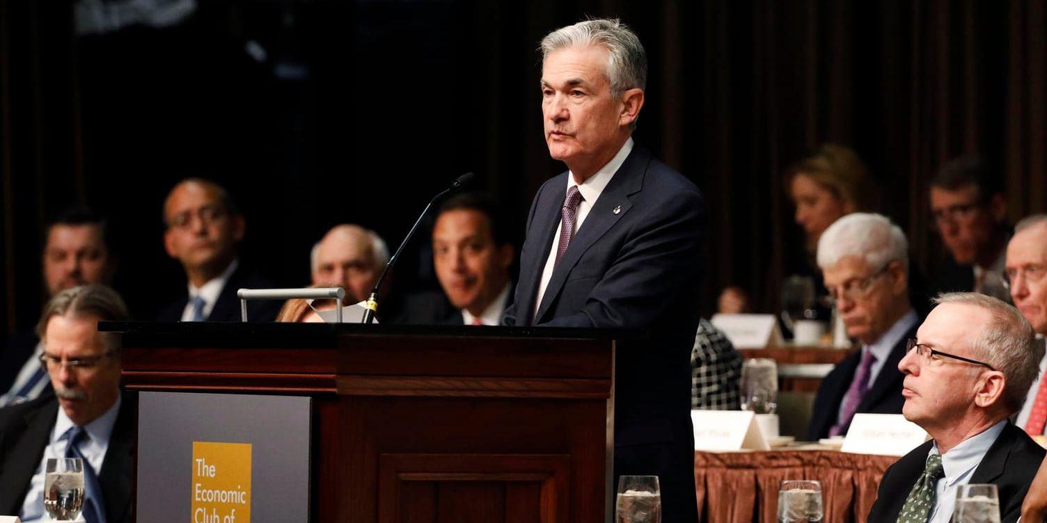 Fed-chefen Jerome Powell i samband med sitt tal inför Economic Club i New York i går.