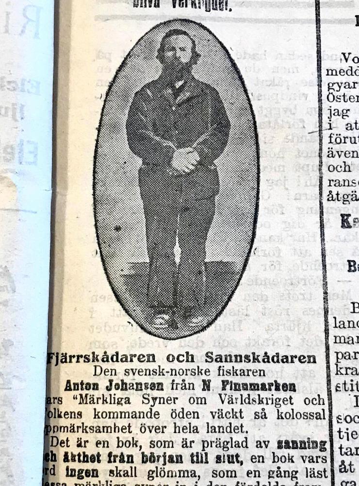 Fjärrskådaren Anton Johansen påstod sig förutse fredsförhandlingarna och ”de stora sjukdomarna.” Ur Varbergsposten.