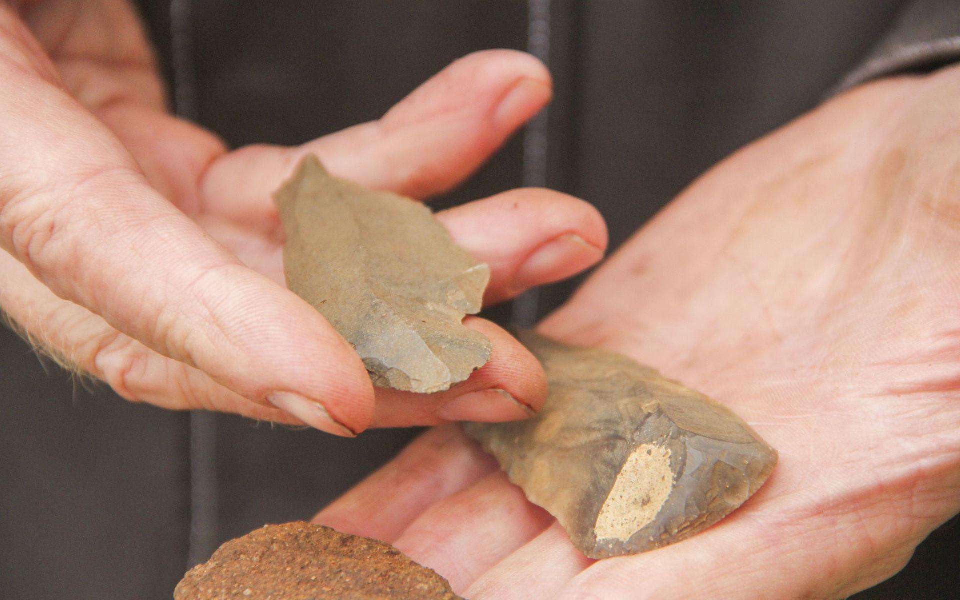 Kniv och skrapa från förr. Arkeologerna har hittat knivar som användes i säljakt. ”Den är lite bearbetad i kanten, för att du ska kunna sätta fingret här”, säger Ola Kadefors.