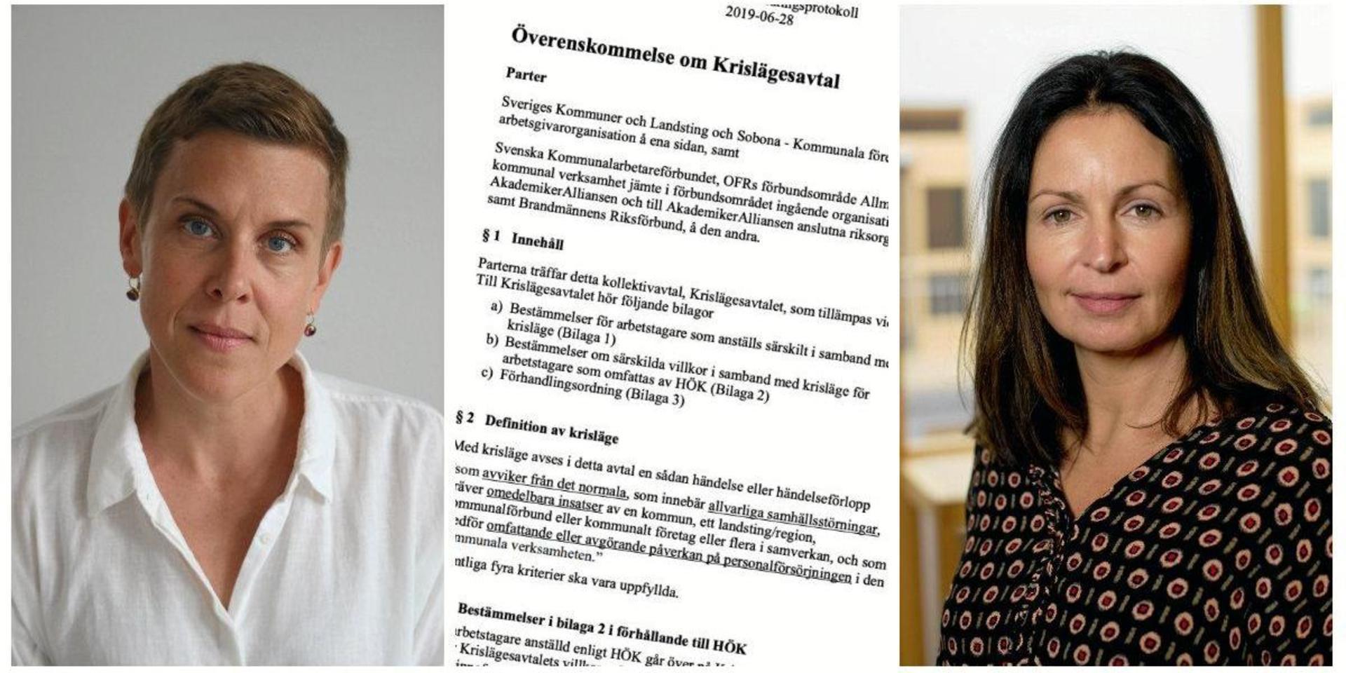 Sjukhuschef Carolina Samuelsson och Region Hallands HR-direktör Cristine Karlsson delar bilden av att Halland ännu inte behöver ansöka om att få aktivera Krislägesavtalet, såsom bland annat grannregionerna Skåne och Västra Götaland nu gjort.