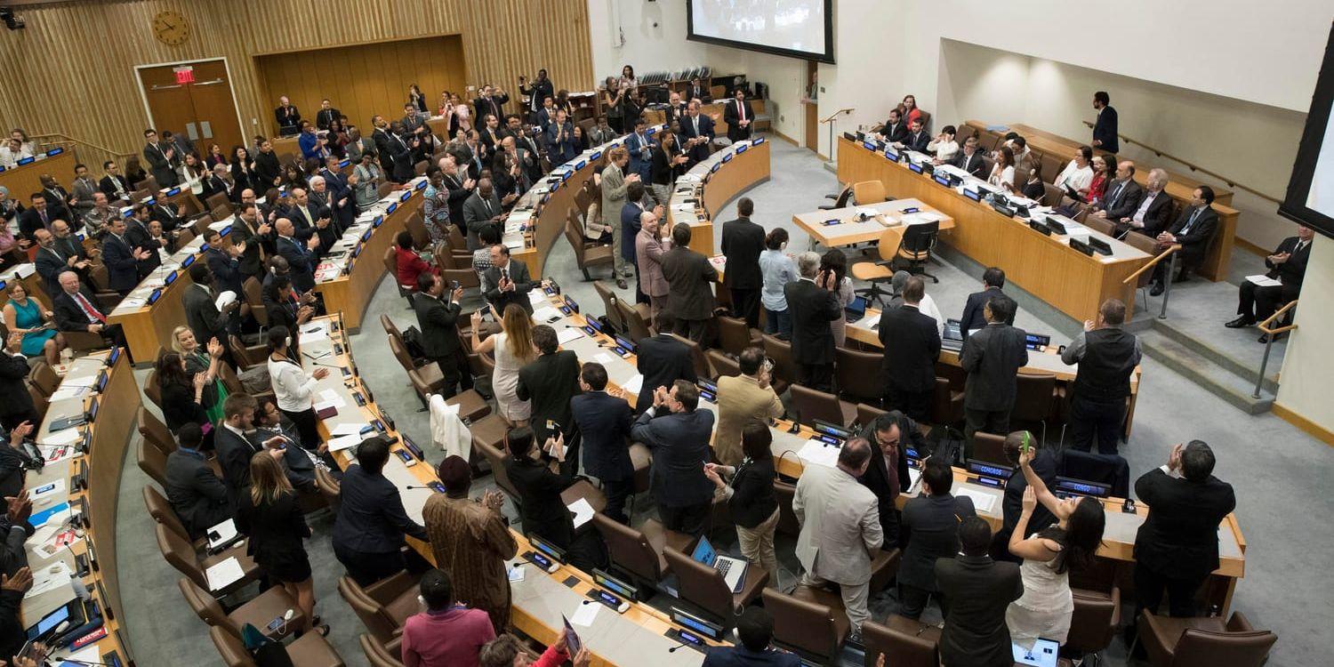 Delegater reste sig för en stående ovation efter att ha röstat i genom FN:s konvention om förbud mot kärnvapen i juli 2017.