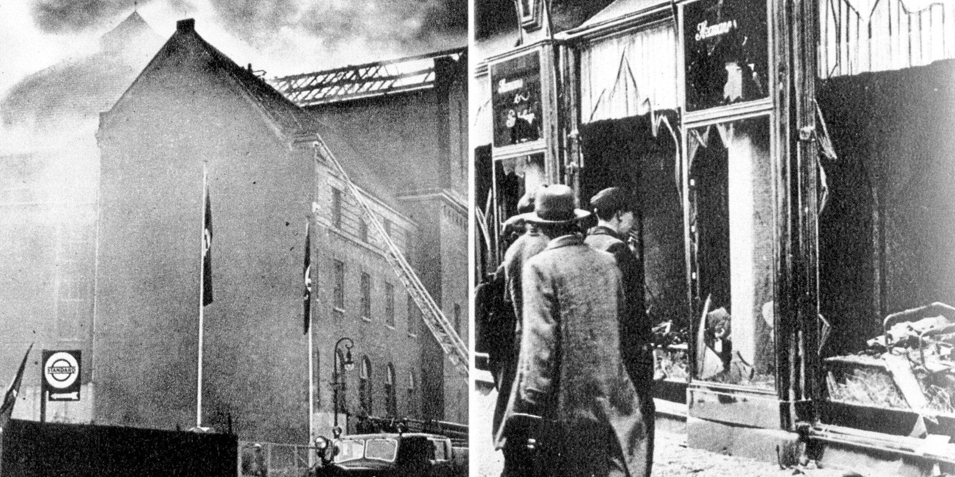 BERLIN 19381110
Kristallnatten 10 nov 1938. 
Bilden tv synagoga i Berlin brinner, och th krossade butiksfönster i judiska affärer i Berlin.
FLT-PICA kOD 20360