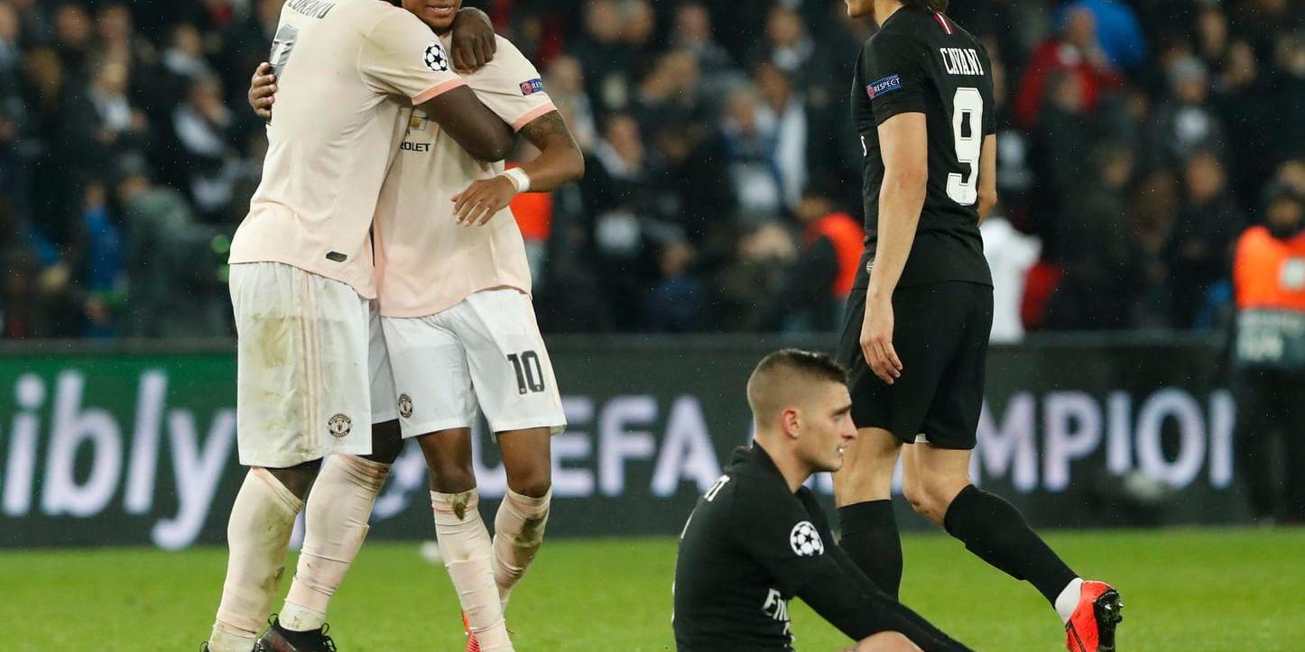 Romelu Lukaku och Marcus Rashford firar det omdiskuterade straffmålet som tog Manchester United till kvartsfinal i Champions League.