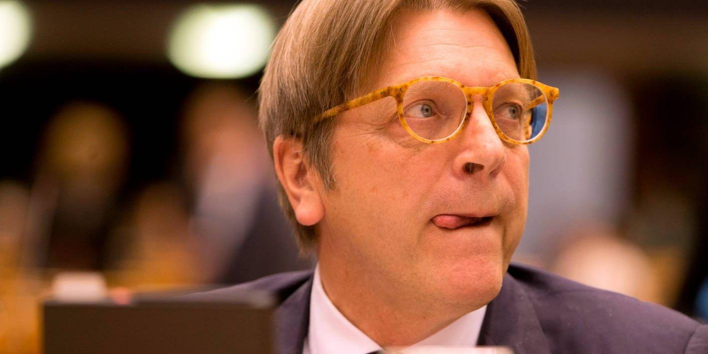 Den liberala gruppens ledare i EU-parlamentet, Guy Verhofstadt, och andra tunga gruppledare, förkastar den brittiska regeringens förhandlingsbud för utträde ur EU. Arkivbild.