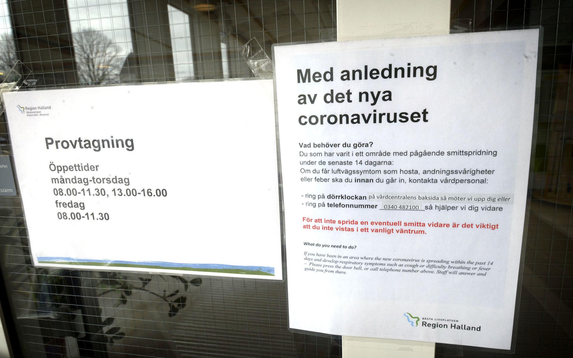 Information om coronaviruset på vårdcentralen Västra Vall i Varberg. 