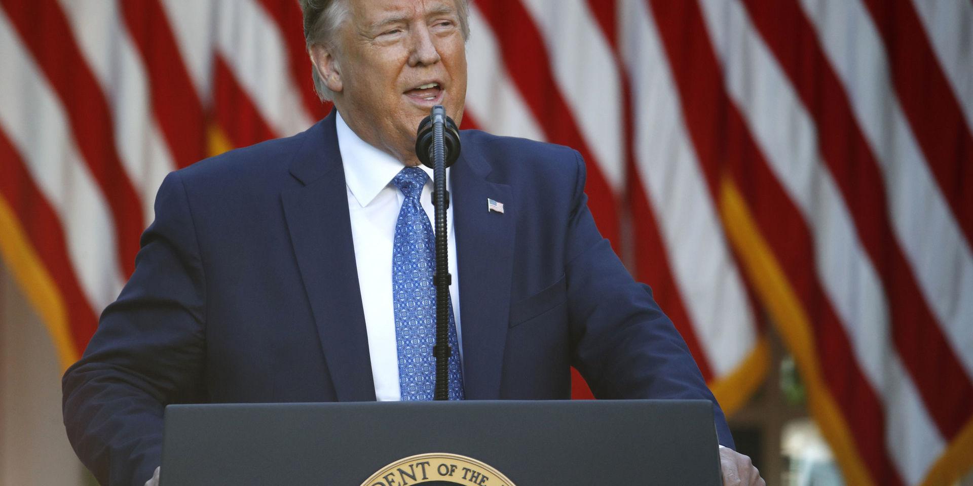 President Donald Trump speaks in the Rose Garden of the White House, Monday, June 1, 2020, in Washington. (AP Photo/Patrick Semansky)  DCPS306
