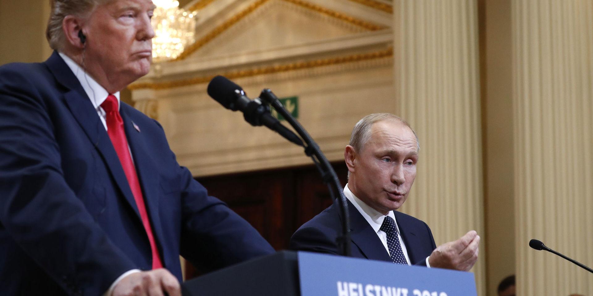 U.S.A&apos;s president Donald Trump och Rysslands president Vladimir Putin under presskonferens efter mötet i Helsingfors, Finland, i juli 2018.
