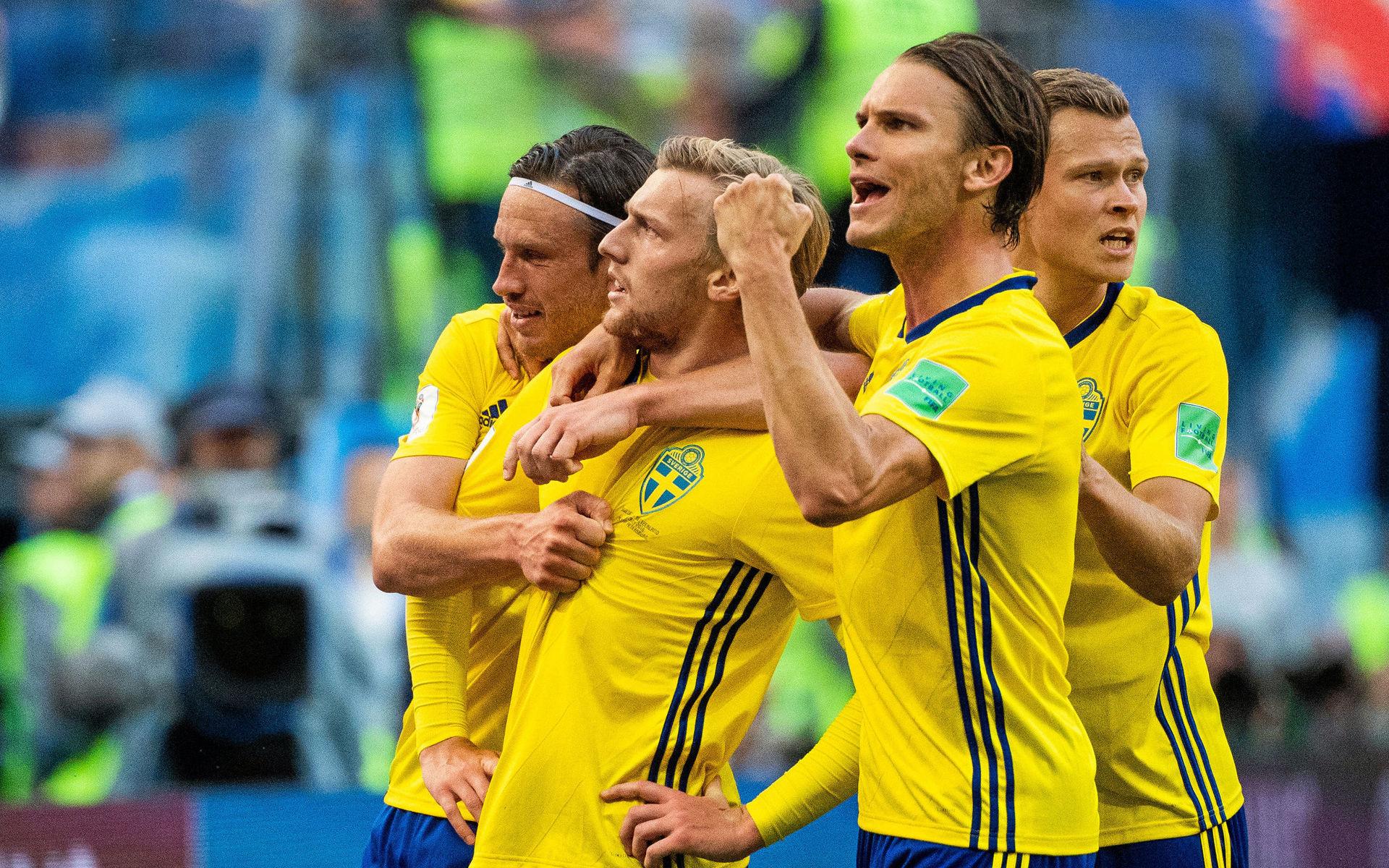 Emil Forsberg firar sitt segermål mot Schweiz i VM-slutspelet 2018.