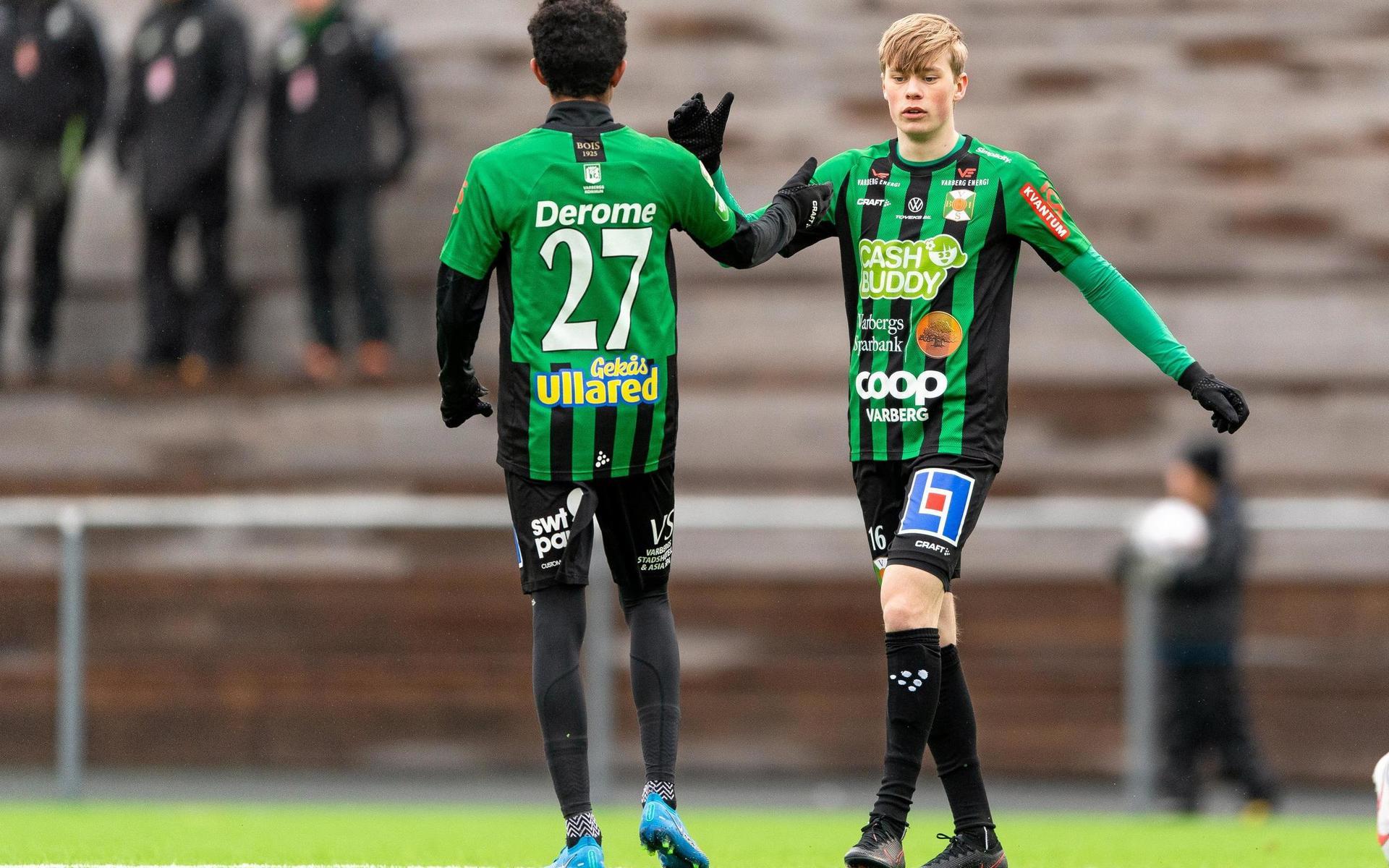 Varbergs Gustav Nordh jublar efter 1-0 under träningsmatchen i fotboll mellan Varberg och GAIS den 27 mars 2021 i Varberg. 