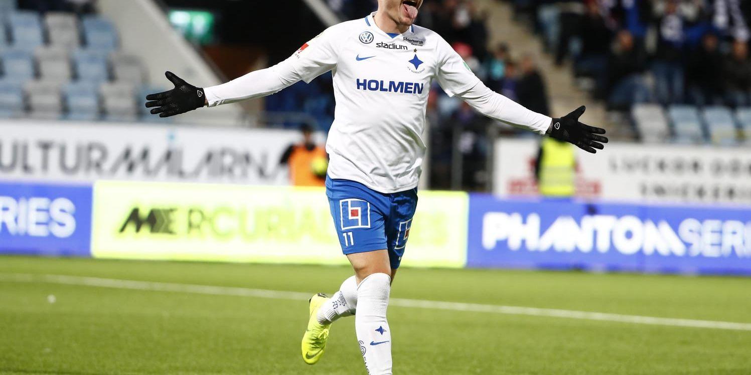 David Moberg Karlsson efter ett av sina mål för IFK Norrköping. Arkivbild.