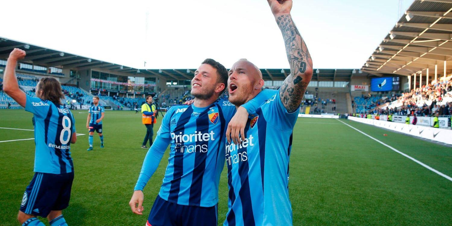 Målskytten Kerim Mrabti och Magnus Eriksson firar segern mot IFK Norrköping.