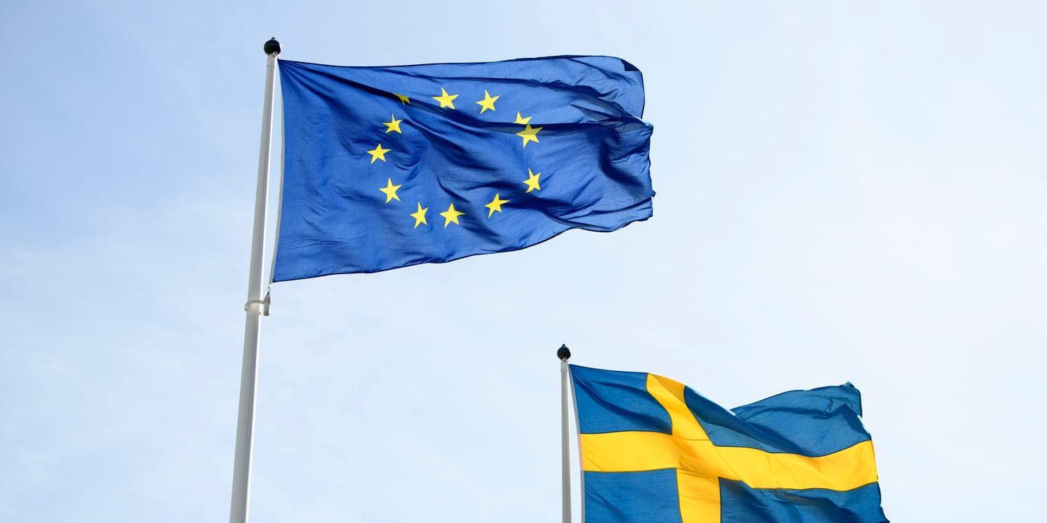 STOCKHOLM 20210415
Svenska flaggan och EU-flaggan.
Foto: Henrik Montgomery/TT Kod: 10060