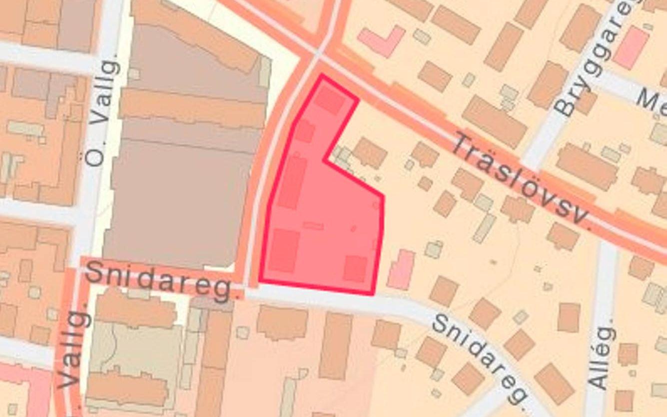 Området. Det är de östra delarna av kvarteret Snidaren som föreslås rivas och få ny bebyggelse. Bild: Varbergs kommun / Rebecka Kvint