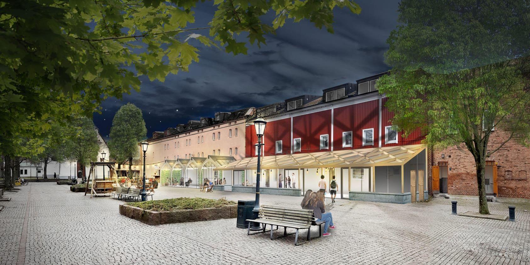 Idéskissen visar hur en inglasad utbyggnad i Brunnsparken skulle kunna se ut. Bild: Göran Lindeberg.