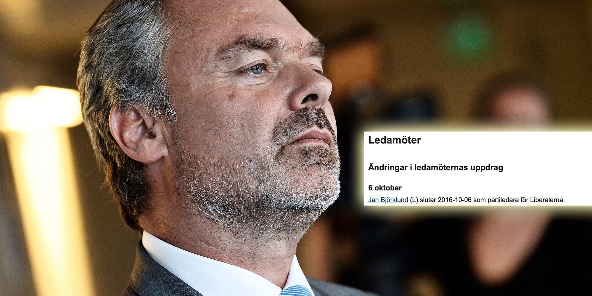 På Riksdagens hemsida publicerades att Jan Björklund avgår som partiledare för Liberalerna. BILD: TT och SKÄRMDUMP