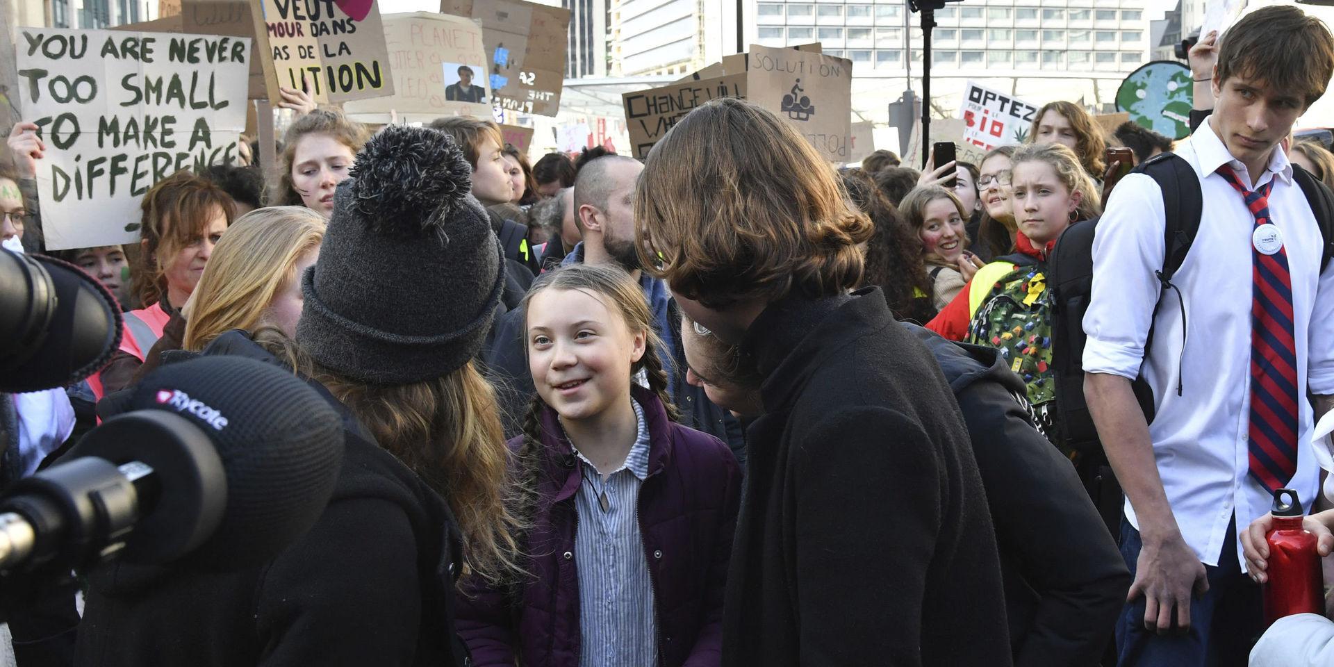 16-åriga klimataktivisten Greta Thunberg när hon gick med i en demonstration för klimatet i Belgien i februari.