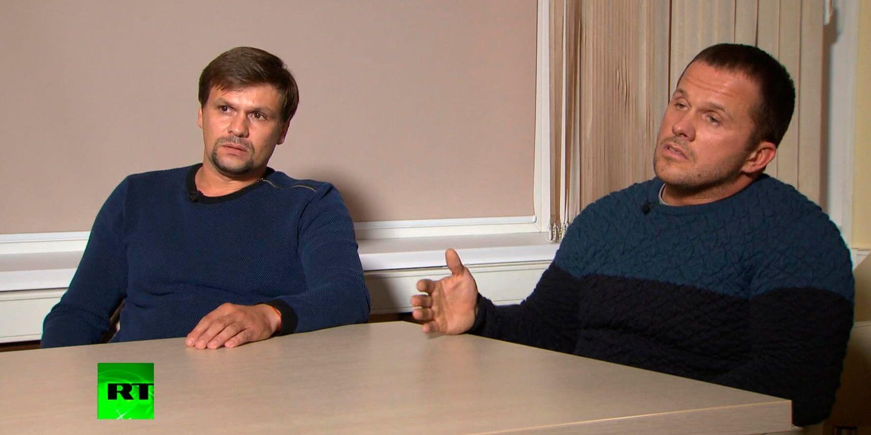 Männen som kallat sig Ruslan Bosjirov och Aleksandr Petrov avslöjades som GRU-agenter. Här i en skärmdump från den ryska statliga kanalen RT. Arkivbild.