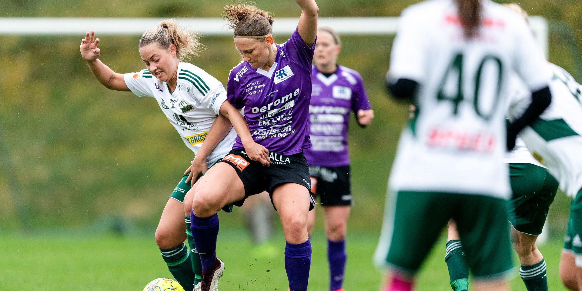Halmias nyförvärv Evelina Bengtsson (till höger) i aktion under en division 1-match med Valinge Derome mot Sjömarken i fjol. 