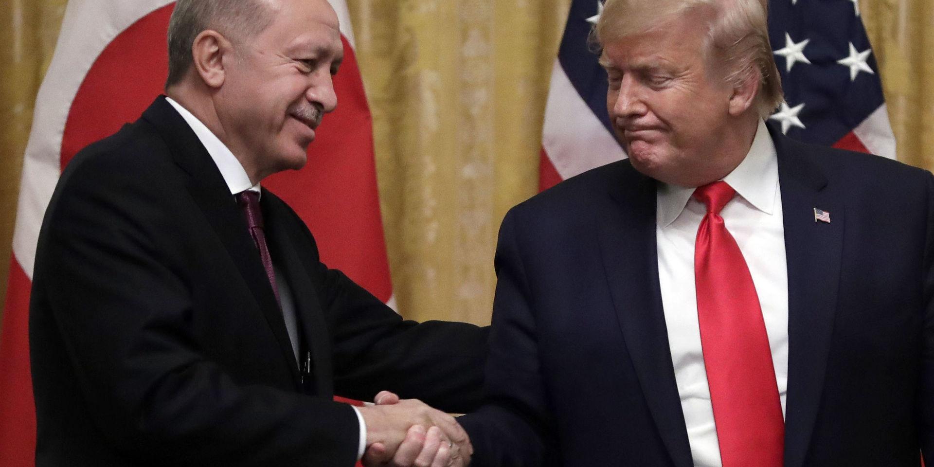 Recep Tayyip Erdogan (till vänster) och Donald Trump skakar hand efter mötet i Vita huset. 