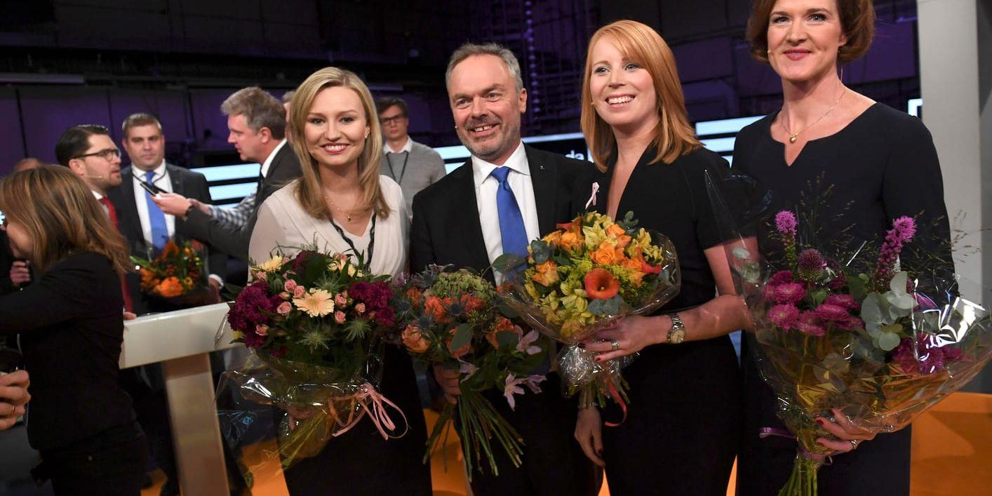 Glada Alliansledare i oktober förra året: Ebba Busch Thor, Jan Björklund, Annie Lööf och Anna Kinberg Batra. Arkivbild.