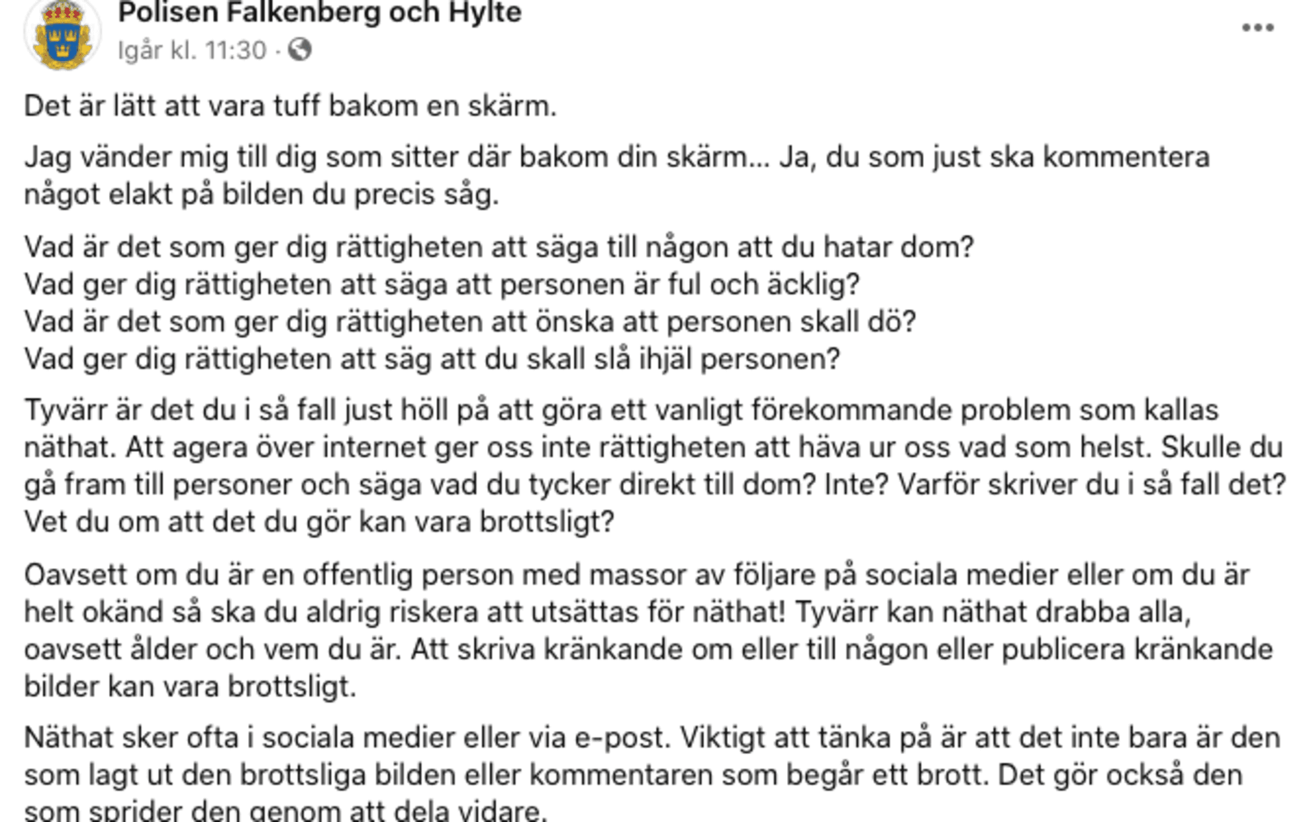 Anders Perssons senaste inlägg på polisens facebook i Falkenberg.