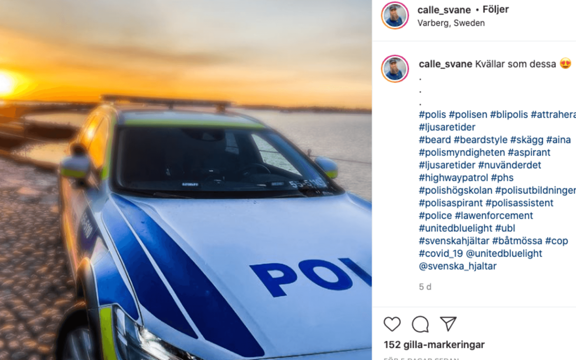 Carl Svane delar med sig av sin roll som polis på sitt Instagram.