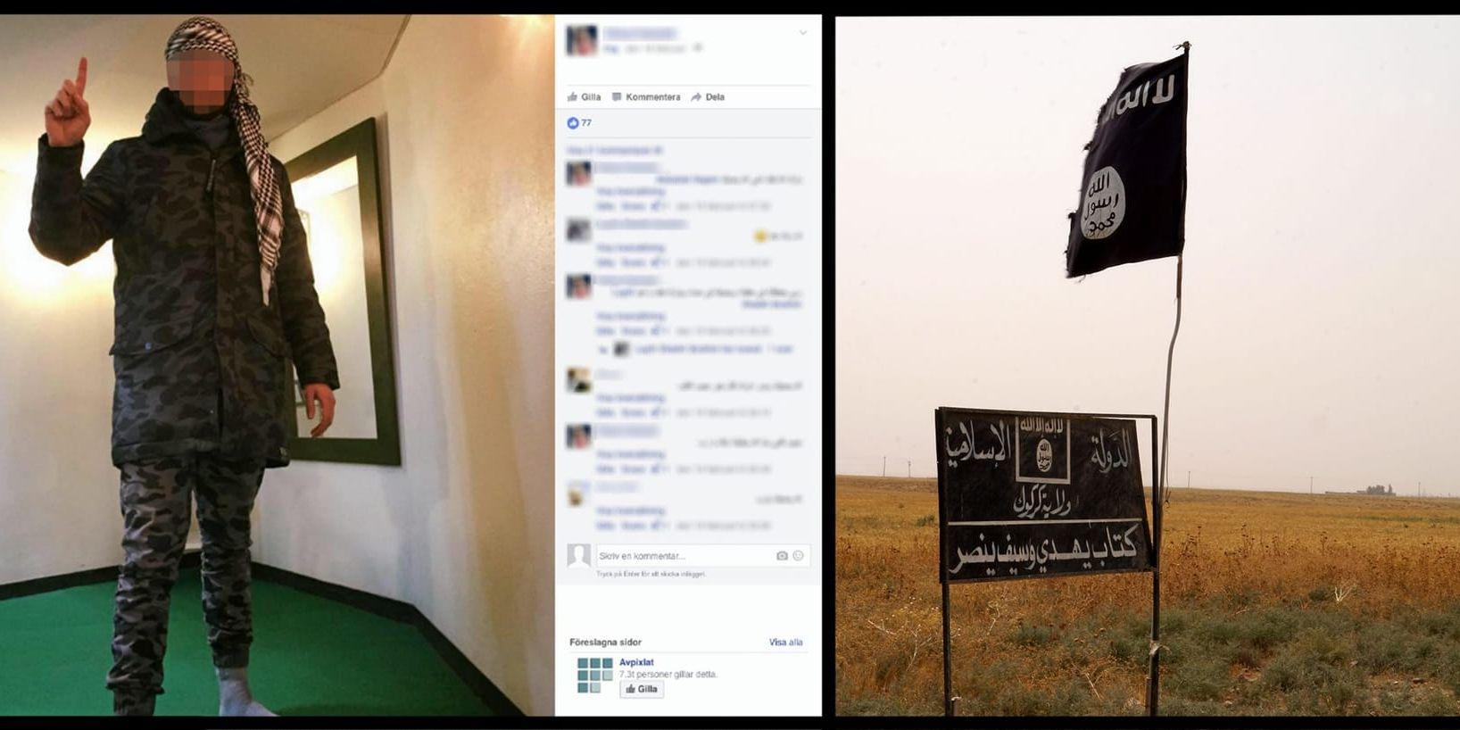Skärmdump. Mannen har nu tagit bort den aktuella bilden med IS-loggan från sin Facebook. En annan profilbild på honom i kamouflagekläder har fått 77 gillamarkeringar. Bilden är ett montage. IS-flaggan i bild är ett exempel som visar hur symbolen ser ut.