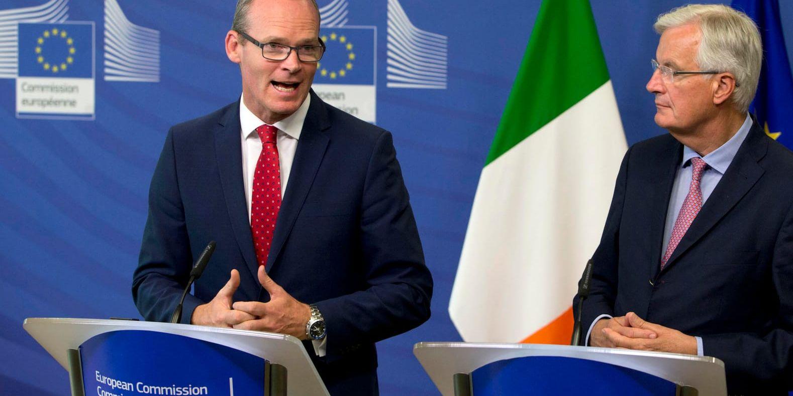 Irlands utrikesminister Simon Coveney (tv), här tillsammans med EU:s brexitchefsförhandlare Michel Barnier. Arkivbild.